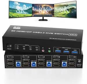 KVM Switch 3 Monitors 4 Computers 8K@60Hz 4K@144Hz, 2 HDMI+1 Displayport KVM Switch Triple Monitor for 4 Computer Share 3 Monitor and 3 USB3.0 Port Keyboard Mouse, Support Extended and Copy Mode