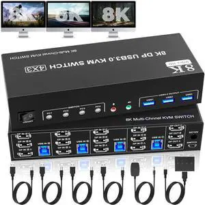 Vszerda 8K@60Hz DisplayPort 3 Monitors 4 Computers KVM Switch, DP 1.4 KVM Switch 4K@144Hz Triple Monitor for 4 Computer with Audio and 3 USB 3.0 Ports, KVM Triple Monitor Keyboard Mouse Switcher