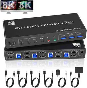 Vszerda 8K@60Hz Displayport USB3.0 KVM Switch 2 Monitor for 4 Computer, DP1.4 KVM Switch 4 Port with Audio Microphone Output and 3 USB 3.0 Ports, 8K DP Monitor Switch for 4PC 2Monitor