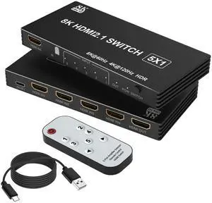 Vszerda 8K@60Hz HDMI Switch 5 in 1 Out, 5 Port HDMI 2.1 Switcher Selector Box for 5 Computers with Remote Control, HDMI Multiport Adapter Port Expander Switcher Splitter for PS5 PS4 Xbox PC TV
