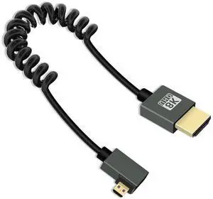 Vszerda 8K Right Angle Micro HDMI to HDMI Cable 2.2FT, 90 Degree Short HDMI to Micro HDMI Cable, Coiled HDMI 2.1 Cable 8K@60Hz 48Gbps for Camera/Camcorder/HDTV/Tablet