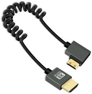 Vszerda 8K Left Angle Mini HDMI to HDMI Coiled Cable 2.2FT, 90 Degree Short HDMI to Mini HDMI Cable, Spring Spiral Hdmi 2.1 Cable 8K@60Hz 48Gbps for Camera/Camcorder/HDTV/Tablet