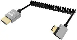 Vszerda 4K Right Angle Mini HDMI to HDMI Cable 2.2FT, 90 Degree Short HDMI to Mini HDMI Cable, Spring Coiled 2.0 Cable 4K@120Hz 48Gbps for Camera/Camcorder/HDTV/Tablet