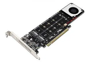 Vszerda Quad NVMe SSD PCIe Adapter, 4 M.2 NVMe SSD to PCI-e 4.0 3.0 x16 Card with Fan Support 2242 2280 22110 NVMe SSD (PCI-e 16X Bifurcation Required)