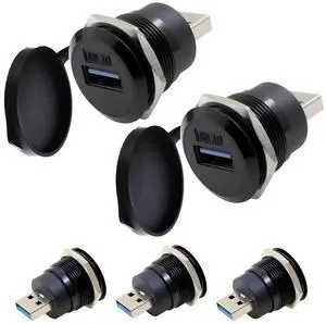 Vszerda USB 3.0 Male to Female Waterproof Mounting Adapter, 5Gbps Data Transfer & Charging, Threaded Round Socket Converter with Nut Fixing for Panel Mount, Dustproof and Durable (5-Pack Black)