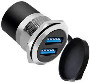 Vszerda Dual USB 3.0 Panel Mount Adapter - Threaded Round Connector with Waterproof Dust Cover, 2 Female to 2 Female Ports, 5Gbps for High-Speed Data Transfer, 5V 2A for Charging (1-Pack Silver)