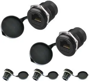 Vszerda RJ45 CAT6 Panel Mount Adapter Female-to-Female Ethernet Pass-Through Connector, 10 Gbps Bulkhead Interface Adapter, XLR/D-Panel Mountable with Waterproof & Dustproof Cover (5-Pack Black)