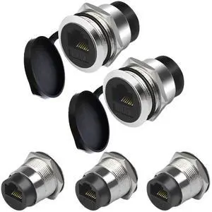 Vszerda RJ45 CAT6 Panel Mount Adapter Female-to-Female Ethernet Pass-Through Connector, 10 Gbps Bulkhead Interface Adapter, XLR/D-Panel Mountable with Waterproof & Dustproof Cover (5-Pack Silver)