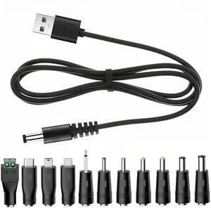 Vszerda Universal Charger Power Core, 5V USB to DC 5.5x2.1mm, Charging Cable with 11 Connectors (Micro-USB, Type-C, Mini USB, 2.5x0.7, 3.0x1.1, 3.5x1.35, 4.0x1.7, 4.8x1.7, 5.5x2.52.5mm), 3.3FT