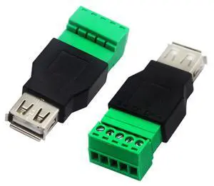Vszerda USB 2.0 A Screw Terminal Block Connector USB 2.0 A Female Plug to 5 Pin/Way Female Bolt Screw Shield terminals Pluggable Type Adapter Connector Converter 300V 8A(2Pack) (Female)