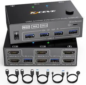 HDMI KVM Switch 2 Monitors 2 Computers 4K@60Hz, EDID Simulation, USB 3.0 Dual Monitor KVM Switch for 2 PC Share 2 Monitors and 4 USB Devices, 2*HDMI Cables, 2*USB Cables and Controller Included HDMI KVM Switch 2 Monitors 2 Computers 4K@60Hz, EDID Simulation, USB 3.0 Dual Monitor KVM Switch for 2 PC Share 2 Monitors and 4 USB Devices, 2*HDMI Cables, 2*USB Cables and Controller Included