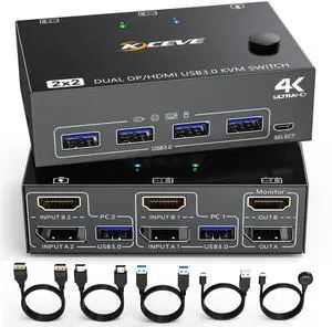 DP HDMI USB 3.0 KVM Switch 2 Computer 2 Monitors, Dual Monitors Displayport KVM Switcher Supports 4K@60Hz for 2 Computers Share Keyboard, Mouse and Monitor