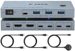 USB C KVM Switch 2 Monitors 2 Laptops, 4K@60Hz USB C Dual Monitor KVM Switch for 2 laptops to Share 2 Monitor and 4 USB3.0 Devices, 80W PD Charging, Wired Remote and Cables Included