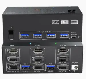 HDMI+2 DisplayPort KVM Switch 3 Monitors 2 Computers 8K@60Hz 4K@144Hz, Triple Monitor KVM Switch with 4 USB3.0 Port for Keyboard Mouse Printer, 1*HDMI+2*DP+2*USB Cables and Wired Controller Included