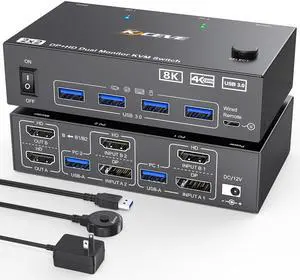 KVM Switch 2 Monitors 2 Computers 8K@60Hz/4K@144Hz, HDMI Displayport KVM Switches for 2 PC Sharing Dual Monitor and Keyboard Mouse with Power Adapter, Wired Extend Controller and USB3.0 Cables