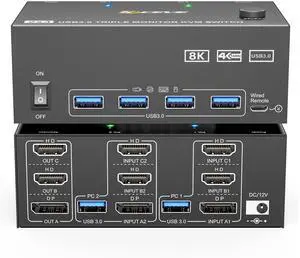 KVM Switch 3 Monitors 2 Computers 8K@60Hz/4K@144Hz, HDMI Displayport KVM Switches for 2 PC Sharing Triple Monitor and Keyboard Mouse with Power Adapter, Wired Extend Controller and USB3.0 Cables
