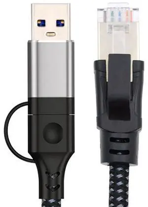 Vszerda USB Type-A & Type-C USB-C Combo to URJ45 Male Cord Directly Connected Ethernet Cable 1000Mbps Gigabit LAN Network  120cm