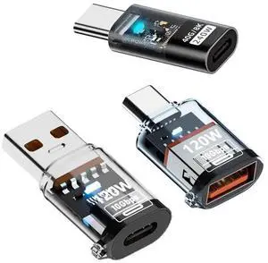Vszerda 3pcs/Set USB-C Adapter Type-C Smart LED to USB3.2 Type-A Adapter OTG 10Gbps 40Gbps 120W 240W Data Fast Charging Tester Detector