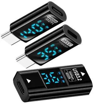 Vszerda 3pcs/Set USB-C Adapter Smart Digital LED Display 10Gbps Type-C Female to USB Type-A 8P Data Current Voltage Fast Charging Monitoring Display Tester Detector
