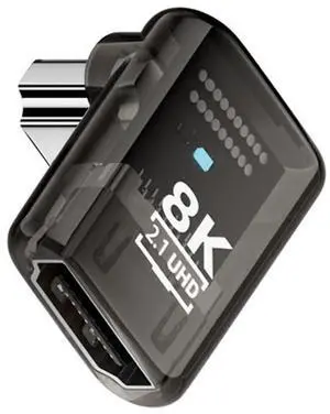 Vszerda 90 Degree Down Angled Low Profile HDMI Male to HDMI 2.1 Female Adapter UHD 8K 60hz HDTV Extender Transparent with Smart LED Light for Monitor TV Projector