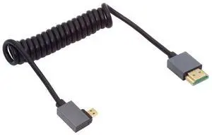 Vszerda 90 Degree Left Angled Coiled Micro HDMI 2.1 Male Type-D to HDMI Male 8K 60hz Stretch Cable 100cm for Laptop Monitor HDTV Camera