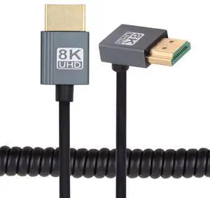 Vszerda Up Angled HDMI 2.1 Male to HDMI Male Stretch Coiled Cable 90 Degree 8K 60hz 100cm for Monitor HDTV Computer Laptop