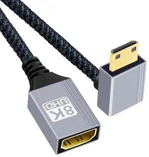 Vszerda Type-C Mini HDMI 2.1 8K Down Angled 90 Degree to HDMI Female Short Extension Cable HDTV for DV Camera Laptop Portable Monitor 17cm