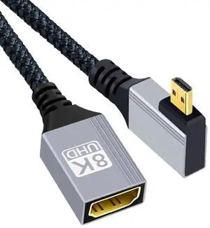Vszerda 8K Micro HDMI 2.1 Type-D Male Left Angled 90 Degree to HDMI Female Extension HDTV Cable for Monitor DV Camera Laptop Portable 17cm