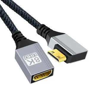 Vszerda Type-C Mini HDMI 2.1 8K Left Angled 90 Degree to HDMI Female Short Extension Cable HDTV for DV Camera Laptop Portable Monitor 17cm