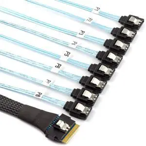 Vszerda SFF-8654 8i 74pin Slimline SAS 4.0 Host Raid to 8 SATA 7pin Target Data Transmission Hard Disk Fanout Raid Cable 1-to-8 Splitter 0.5M