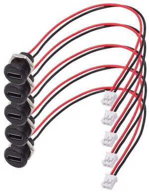 Vszerda 5pcs DIY OEM Type C Female Socket to 2Pin Header Wire Extension DC 5V Power Cord Pitch=2.0mm Panel Mount USB C Waterproof Jack 17.5cm