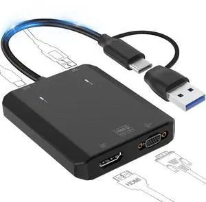 Vszerda USB to HDMI VGA Adapter 2X 1080P@60Hz Dual Monitor Extender 1 in 2 Out External Graphics Card Support Windows MacOS M1/M2 Systems, Built-in Driver, Simultaneously Output VGA+HDMI