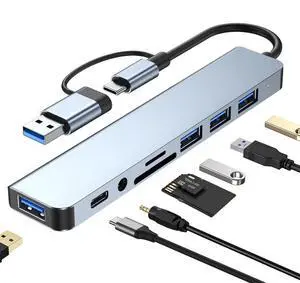 Vszerda USB C Hub USB Splitter 8-in-1 USB Extender with 4 USB Port 1 USBC Jack TF/SD Card Reader 3.5mm Audio Output for MacBook Pro/iPad Pro/iPhone 15/Laptop/Galaxy Phones/More (1 to 8)
