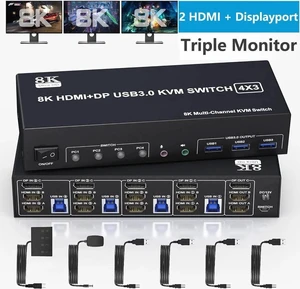 WRIARICH 4-Port Triple Monitor KVM Switch (2HDMI+1DP), 8K@60Hz & 4K@144Hz, Audio Port & 3 USB 3.0 Ports WRIARICH 4-Port Triple Monitor KVM Switch (2HDMI+1DP), 8K@60Hz & 4K@144Hz, Audio Port & 3 USB 3.0 Ports