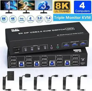 Vszerda 4-Port DP1.4 Triple Monitor USB 3.0 KVM Switch, 8K@60Hz & 4K@144Hz, Audio Jack & 3 USB3.0 Ports Vszerda 4-Port DP1.4 Triple Monitor USB 3.0 KVM Switch, 8K@60Hz & 4K@144Hz, Audio Jack & 3 USB3.0 Ports