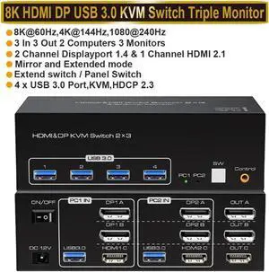Vszerda 2-Port Triple Monitor KVM Switch (2DP+1HDMI), 8K@60Hz / 4K@144Hz, 4 USB3.0 Ports Vszerda 2-Port Triple Monitor KVM Switch (2DP+1HDMI), 8K@60Hz / 4K@144Hz, 4 USB3.0 Ports