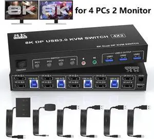 Vszerda 4-Port DP1.4 Dual Monitor USB 3.0 KVM Switch, 8K@60Hz, Audio & Mic Jacks, 3 USB 3.0 Ports Vszerda 4-Port DP1.4 Dual Monitor USB 3.0 KVM Switch, 8K@60Hz, Audio & Mic Jacks, 3 USB 3.0 Ports