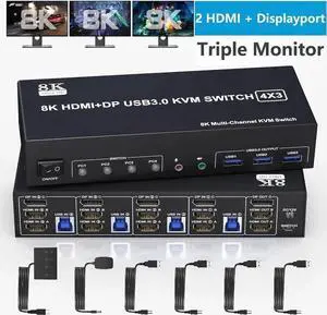 Vszerda 4-Port Triple Monitor KVM Switch (2HDMI+1DP), 8K@60Hz & 4K@144Hz, Audio + 3 USB3.0 Ports for 4 PCs Vszerda 4-Port Triple Monitor KVM Switch (2HDMI+1DP), 8K@60Hz & 4K@144Hz, Audio + 3 USB3.0 Ports for 4 PCs