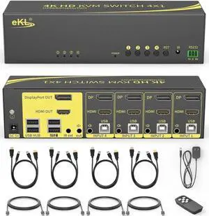 Vszerda 4 In 2 Out HDMI+DP Dual Monitor KVM Switch 4K@60Hz 4:4:4, 4 Computers Share 2 Monitors with Audio & USB2.0 Hub, Support Extended Display Vszerda 4 In 2 Out HDMI+DP Dual Monitor KVM Switch 4K@60Hz 4:4:4, 4 Computers Share 2 Monitors with Audio & USB2.0 Hub, Support Extended Display
