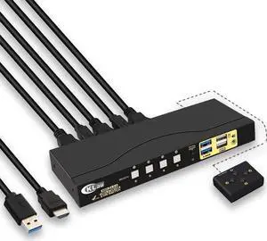 Vszerda 4-Port USB 3.0 HDMI KVM Switch 4K@60Hz with Cables, Dual USB3.0 Hubs & Audio, Compatible with Wireless Keyboard & Mouse Vszerda 4-Port USB 3.0 HDMI KVM Switch 4K@60Hz with Cables, Dual USB3.0 Hubs & Audio, Compatible with Wireless Keyboard & Mouse