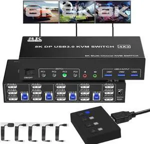 Vszerda 4-Port DP1.4 Triple Monitor USB3.0 KVM Switch, 8K, Audio & Mic + 3 USB3.0 Ports for 4 PCs 3 Screens Vszerda 4-Port DP1.4 Triple Monitor USB3.0 KVM Switch, 8K, Audio & Mic + 3 USB3.0 Ports for 4 PCs 3 Screens