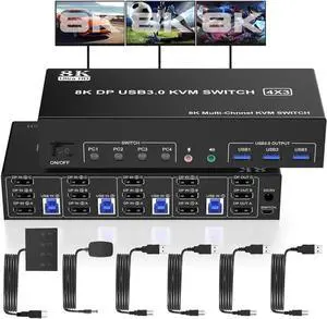 Vszerda 4-Port DP1.4 Triple Monitor USB3.0 KVM Switch, 8K with Audio & Mic + 3 USB3.0 Ports for 4 PCs 3 Displays Vszerda 4-Port DP1.4 Triple Monitor USB3.0 KVM Switch, 8K with Audio & Mic + 3 USB3.0 Ports for 4 PCs 3 Displays
