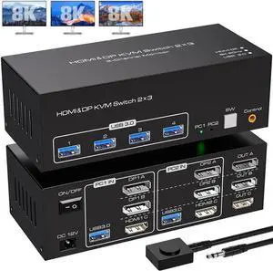 Vszerda 2-Port Triple Monitor KVM Switch (2DP+HDMI), 8K@60Hz & 4K@120Hz, USB3.0, Support Extended Display Mode Vszerda 2-Port Triple Monitor KVM Switch (2DP+HDMI), 8K@60Hz & 4K@120Hz, USB3.0, Support Extended Display Mode