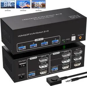 Vszerda 8K@60Hz Triple Monitor KVM Switch 2 Computers 2DP+HDMI USB3.0, 4K@120Hz Extended Display for Dell HP Mac Gaming Laptops Desktops Vszerda 8K@60Hz Triple Monitor KVM Switch 2 Computers 2DP+HDMI USB3.0, 4K@120Hz Extended Display for Dell HP Mac Gaming Laptops Desktops