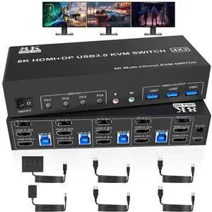 Vszerda 4-Port Triple Monitor KVM Switch (2×HDMI2.1+DP1.4), 8K@60Hz, USB3.0 with Audio & Mic, 4 PCs Share 3 Displays Vszerda 4-Port Triple Monitor KVM Switch (2×HDMI2.1+DP1.4), 8K@60Hz, USB3.0 with Audio & Mic, 4 PCs Share 3 Displays
