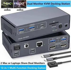 USB-C KVM Docking Station for 2 Computers & 2 Monitors, Dual HDMI 4K@60Hz KVM Switch with Built-in EDID Emulator, Share 1G Ethernet, 5×USB A/C Ports, SD & MicroSD Card Reader, Compatible with Dual Mac USB-C KVM Docking Station for 2 Computers & 2 Monitors, Dual HDMI 4K@60Hz KVM Switch with Built-in EDID Emulator, Share 1G Ethernet, 5×USB A/C Ports, SD & MicroSD Card Reader, Compatible with Dual Mac