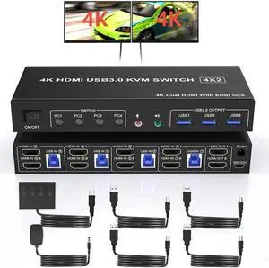 Vszerda 4-Port Dual HDMI USB3.0 KVM Switch, 4K@60Hz, EDID Emulator, Audio Out & 3 USB3.0 Ports Vszerda 4-Port Dual HDMI USB3.0 KVM Switch, 4K@60Hz, EDID Emulator, Audio Out & 3 USB3.0 Ports