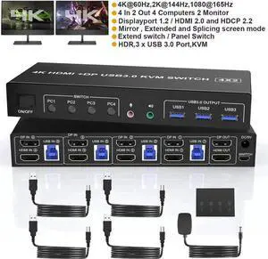 Vszerda 4-Port HDMI+DP Dual Monitor KVM Switch 4K@60Hz, USB3.0, Audio & Mic, 3 USB Ports, Wired Remote Vszerda 4-Port HDMI+DP Dual Monitor KVM Switch 4K@60Hz, USB3.0, Audio & Mic, 3 USB Ports, Wired Remote