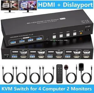Vszerda 4-Port HDMI2.1+DP1.4 Dual Monitor KVM Switch 8K@60Hz, 4 USB3.0 Ports, 4 USB Cables Included Vszerda 4-Port HDMI2.1+DP1.4 Dual Monitor KVM Switch 8K@60Hz, 4 USB3.0 Ports, 4 USB Cables Included