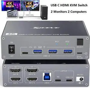 Vszerda USB-C Dual Monitor KVM Switch 4K@60Hz, 100W PD Charging, 4 USB3.0 Ports, Wired Remote & USB-C Cables Vszerda USB-C Dual Monitor KVM Switch 4K@60Hz, 100W PD Charging, 4 USB3.0 Ports, Wired Remote & USB-C Cables